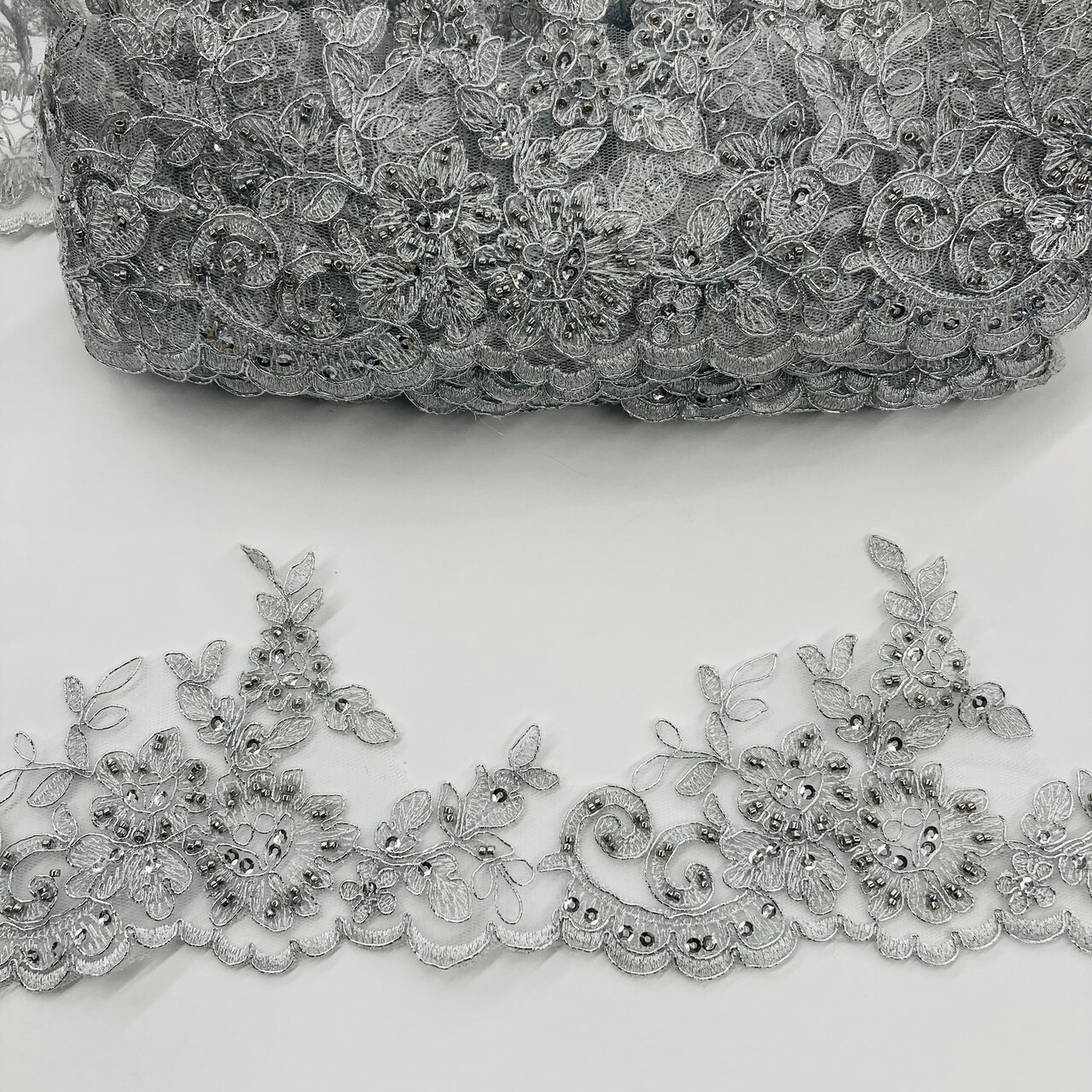 1 Yard 4″ Wide Beaded & Corded Lace Trimming Embroidered on 100% Polyester Net Mesh